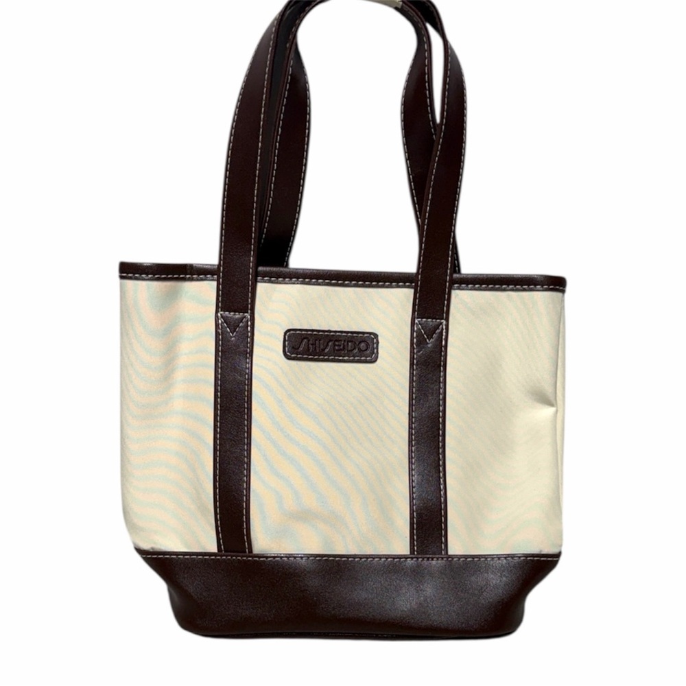 Shiseido canvas mini tote two tone brown faux leather beige bag small NEW